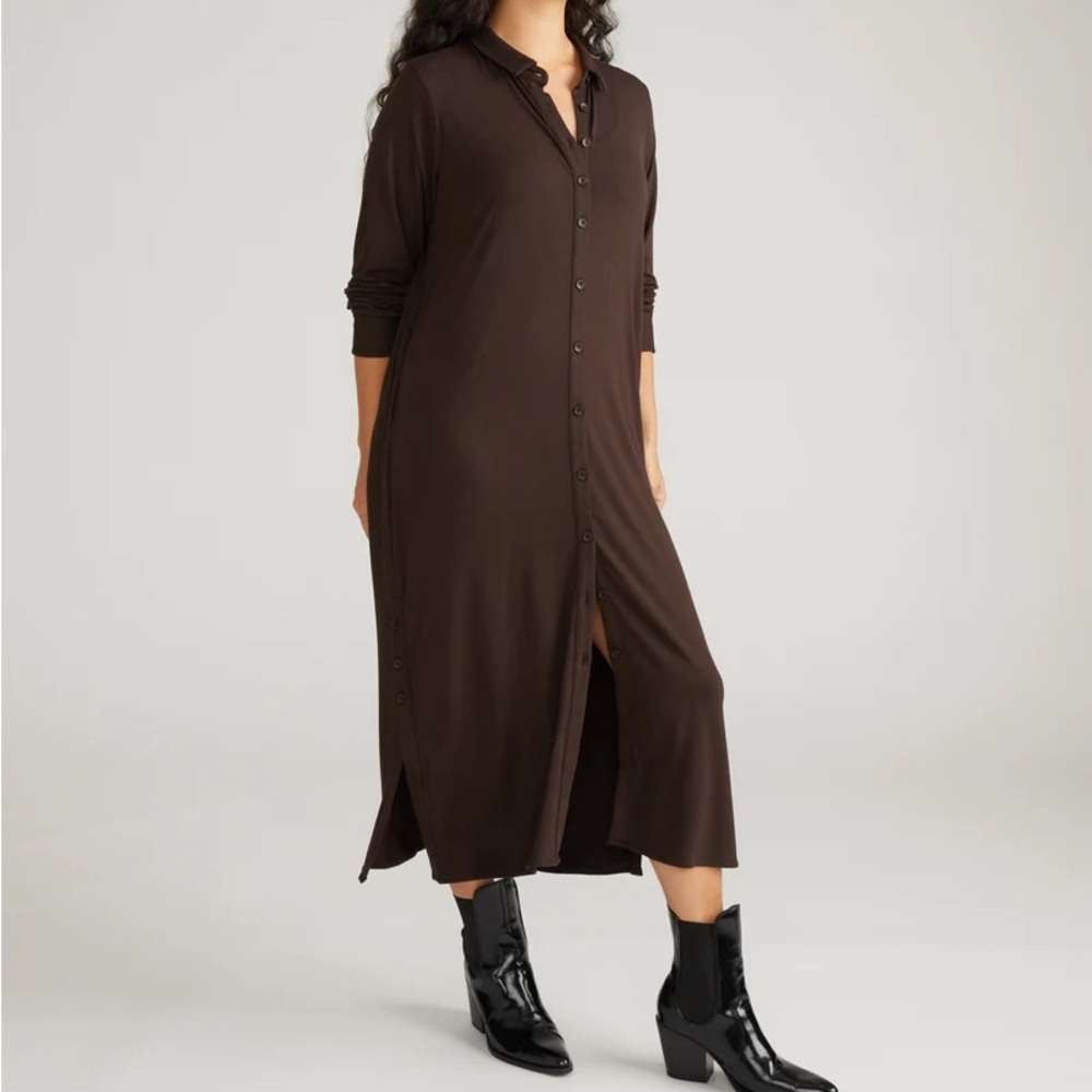 NWT Oui Knit Tunic Shirt Dress Long Button Up Sheer Knit Cardigan Brown Size 6